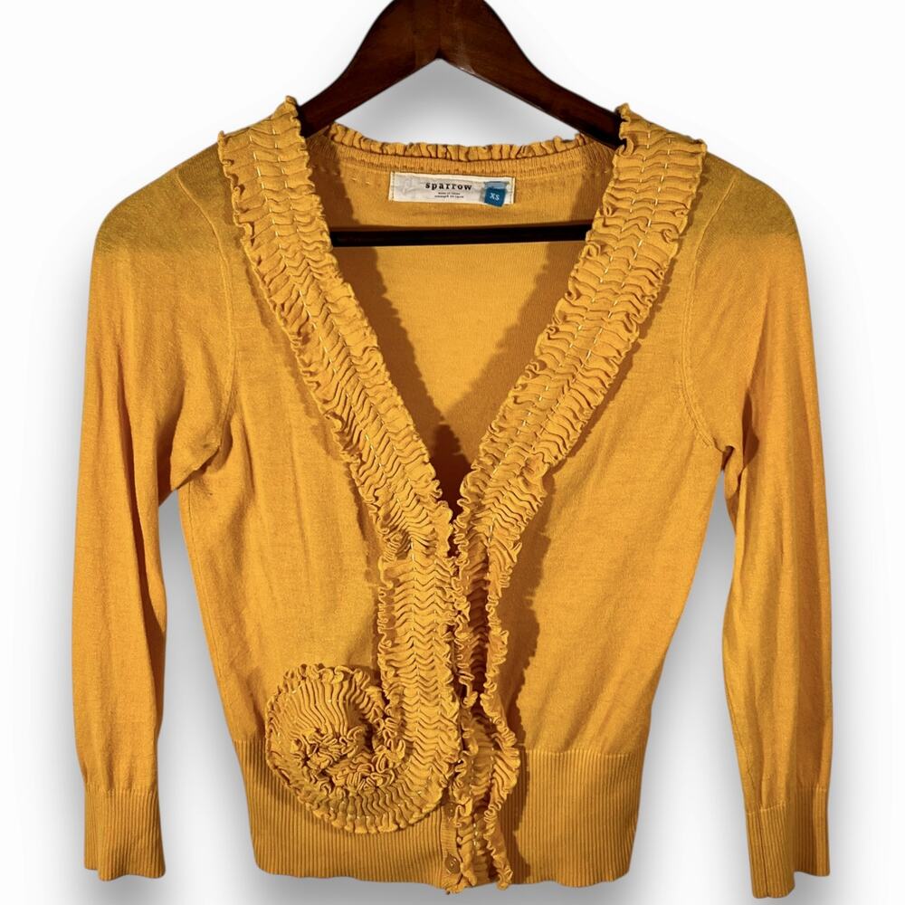 Sparrow Button Front Cardigan Sweater Ruffle Yellow Cotton Knit XS - Picture 3 of 11